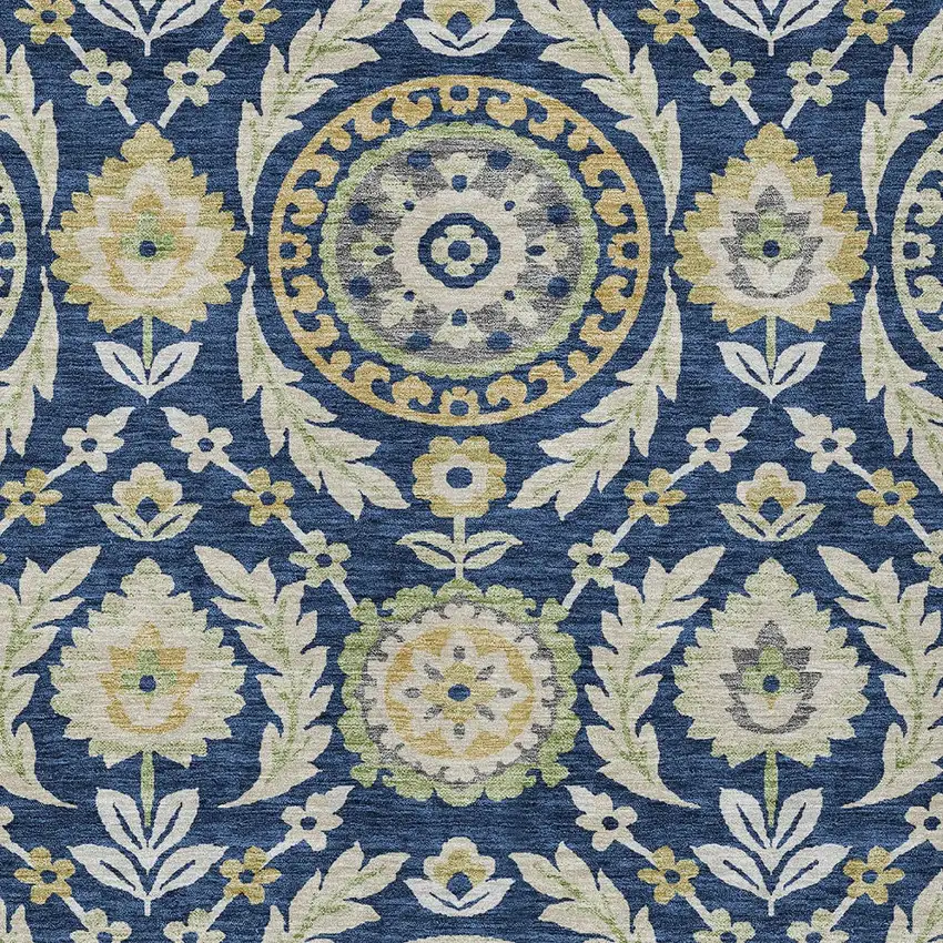 Navy Blue Gold And Beige Floral Washable Indoor Outdoor Area Rug Photo 4