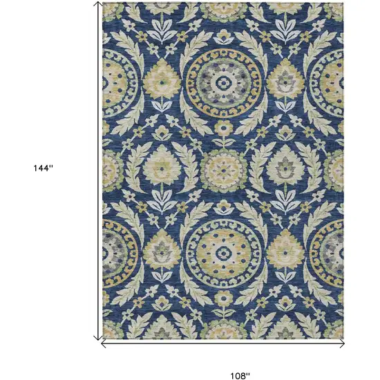 Navy Blue Gold And Beige Floral Washable Indoor Outdoor Area Rug Photo 8