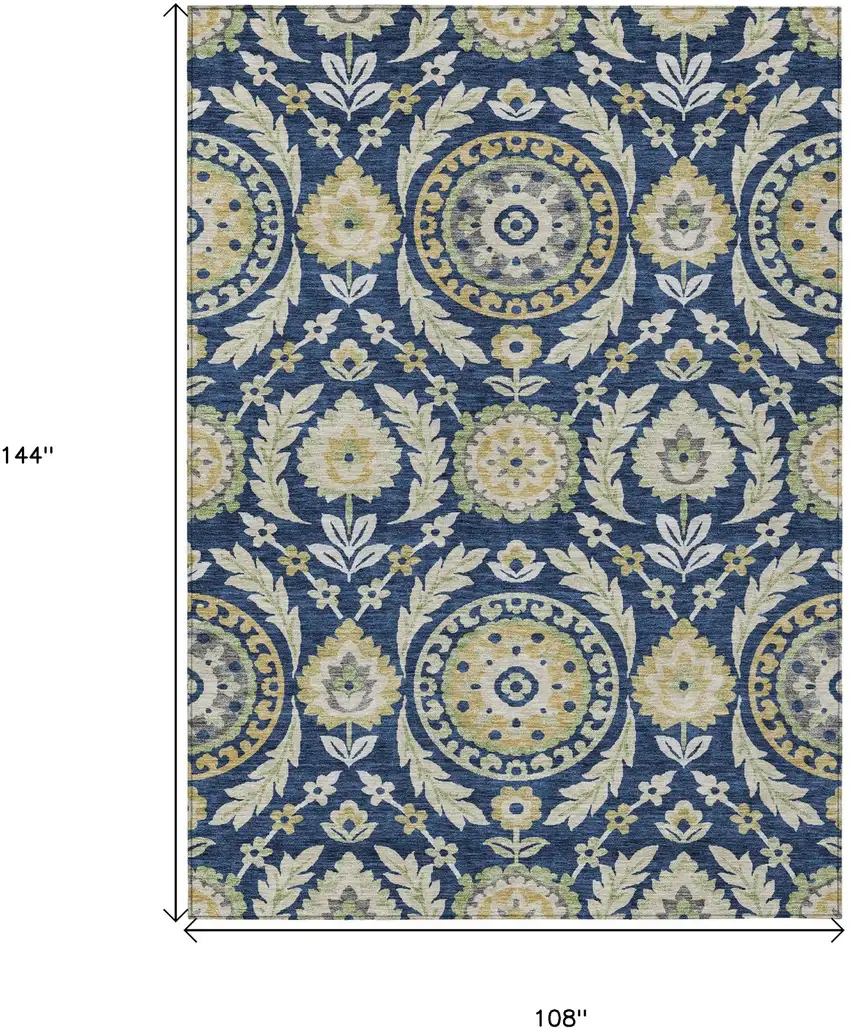 Navy Blue Gold And Beige Floral Washable Indoor Outdoor Area Rug Photo 8