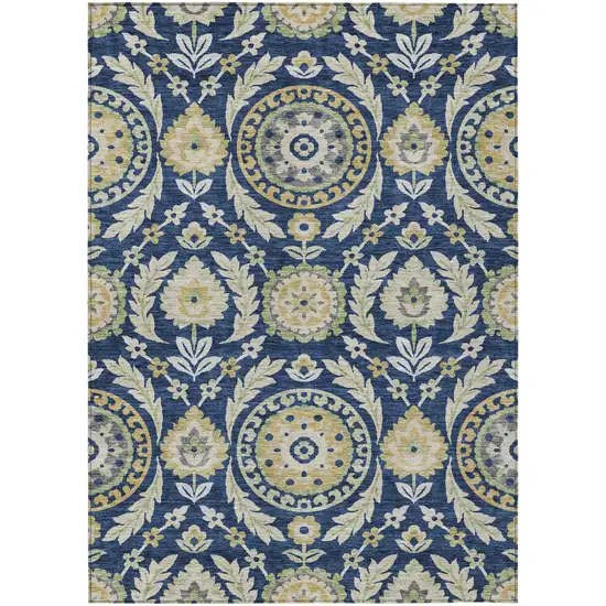 Navy Blue Gold And Beige Floral Washable Indoor Outdoor Area Rug Photo 1