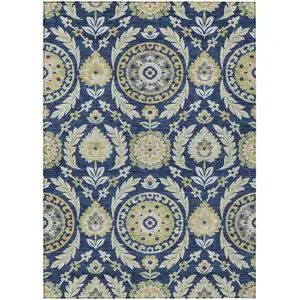 Photo of Navy Blue Gold And Beige Floral Washable Indoor Outdoor Area Rug