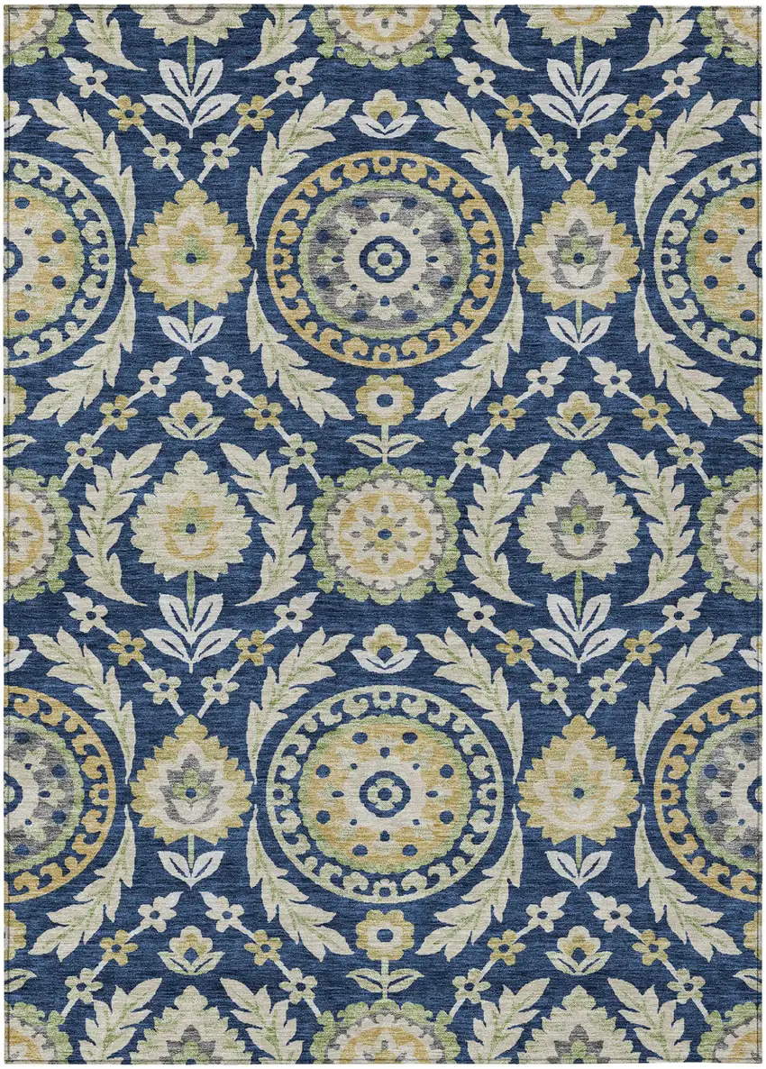 Navy Blue Gold And Beige Floral Washable Indoor Outdoor Area Rug Photo 1