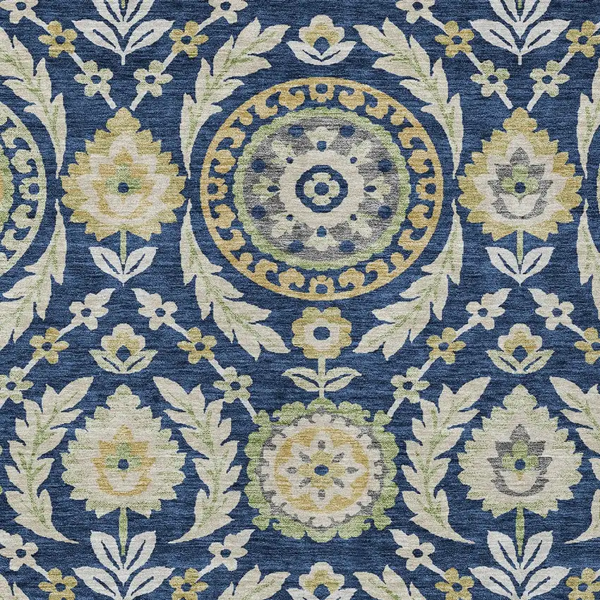 Navy Blue Gold And Beige Floral Washable Indoor Outdoor Area Rug Photo 5