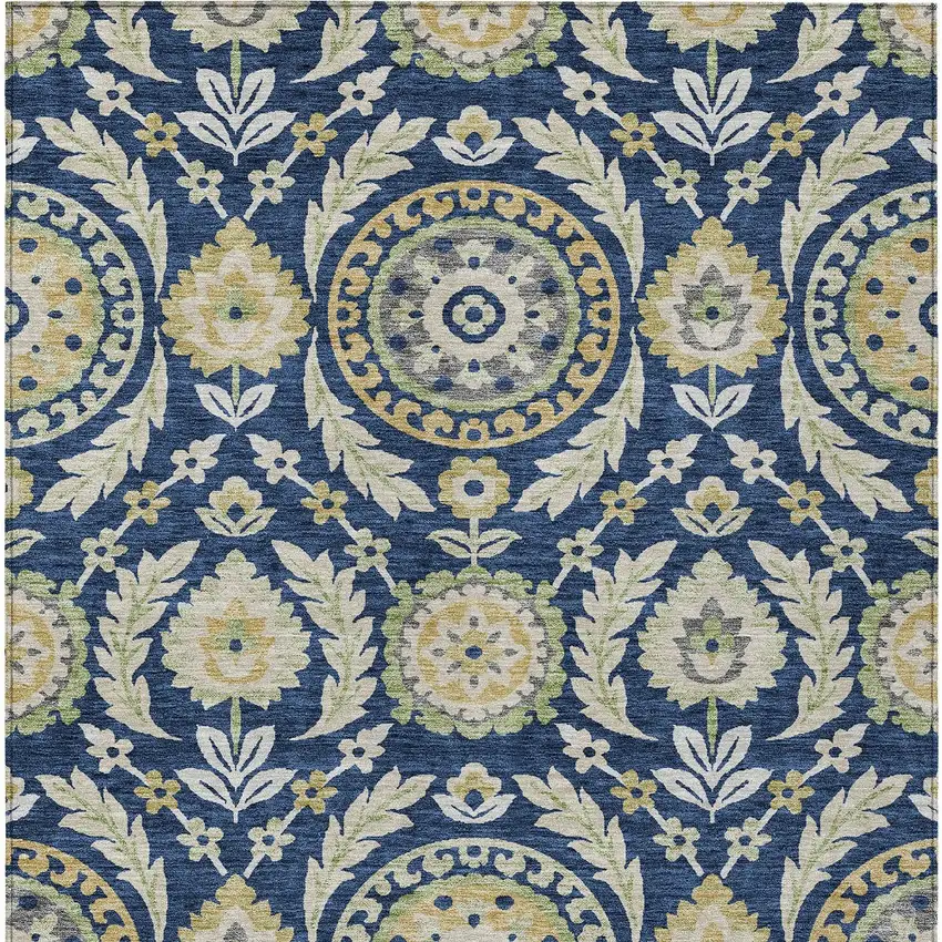 Navy Blue Gold And Beige Floral Washable Indoor Outdoor Area Rug Photo 6