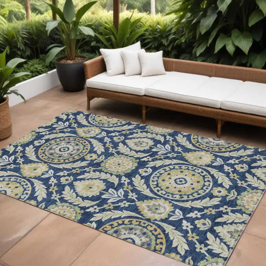 Navy Blue Gold And Beige Floral Washable Indoor Outdoor Area Rug Photo 1