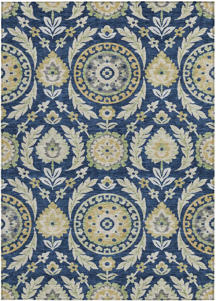 Navy Blue Gold And Beige Floral Washable Indoor Outdoor Area Rug Photo 5