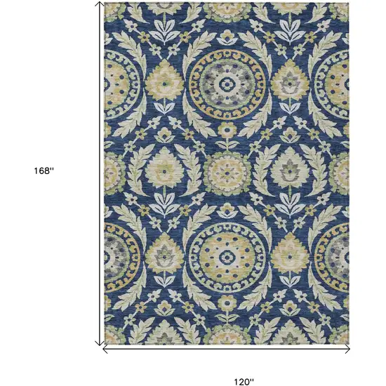 Navy Blue Gold And Beige Floral Washable Indoor Outdoor Area Rug Photo 7