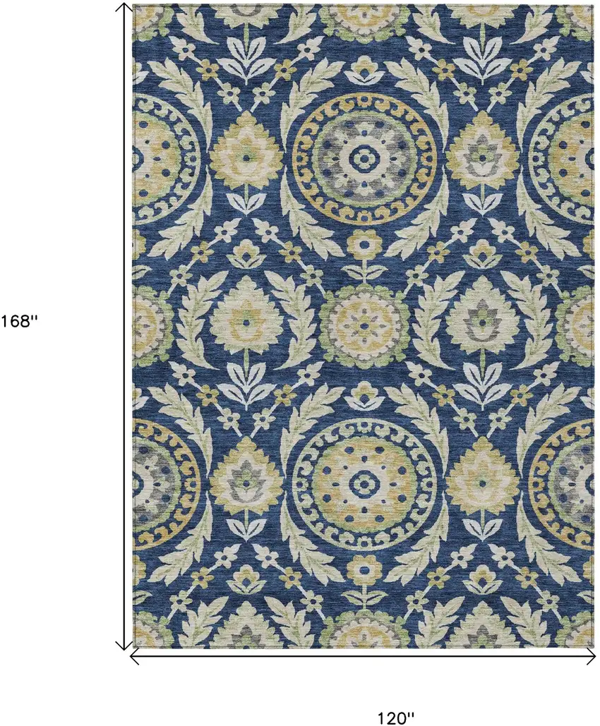 Navy Blue Gold And Beige Floral Washable Indoor Outdoor Area Rug Photo 7