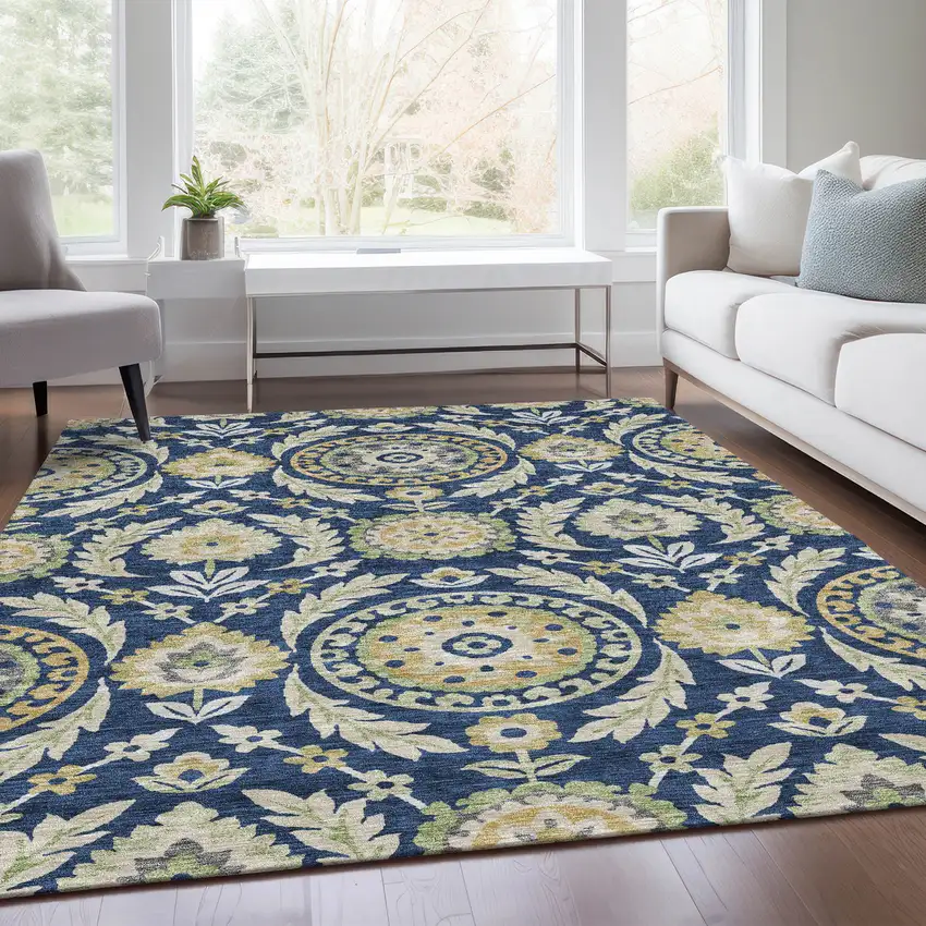 Navy Blue Gold And Beige Floral Washable Indoor Outdoor Area Rug Photo 7