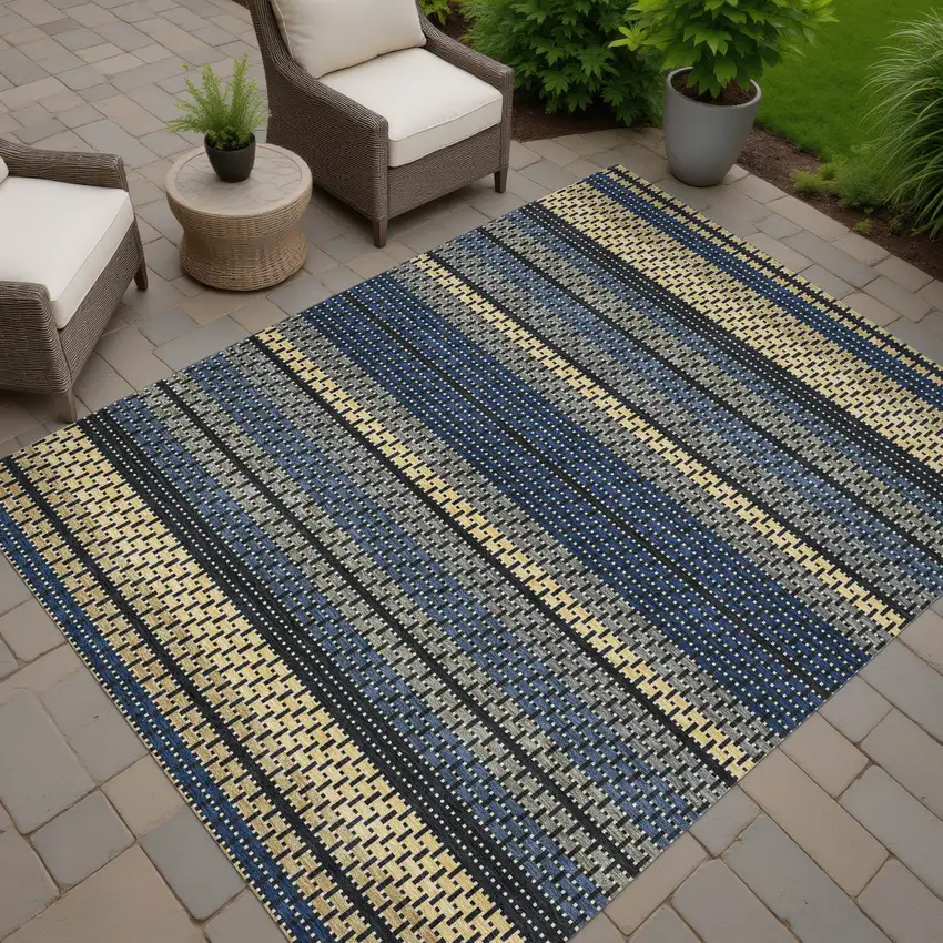 Navy Blue Gold And Black Striped Washable Indoor Outdoor Area Rug Photo 6