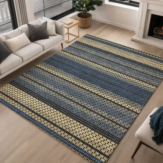Navy Blue Gold And Black Striped Washable Indoor Outdoor Area Rug Photo 4