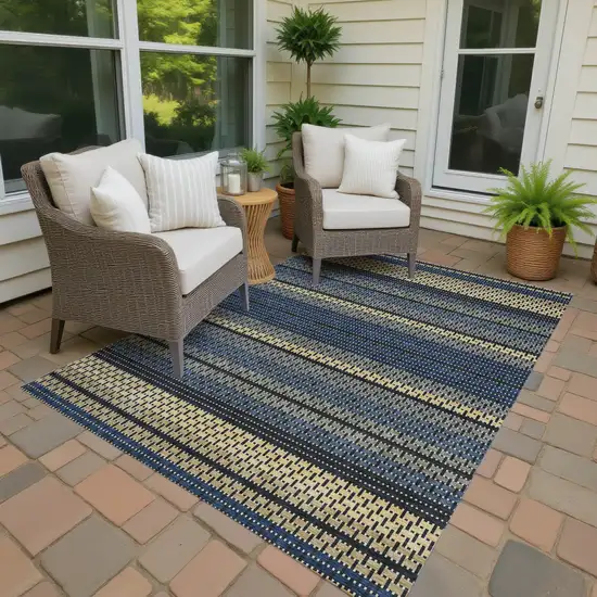 Navy Blue Gold And Black Striped Washable Indoor Outdoor Area Rug Photo 4
