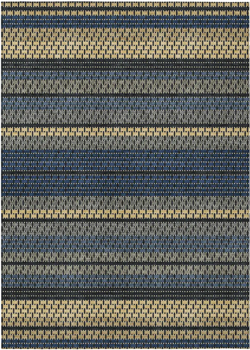Navy Blue Gold And Black Striped Washable Indoor Outdoor Area Rug Photo 9