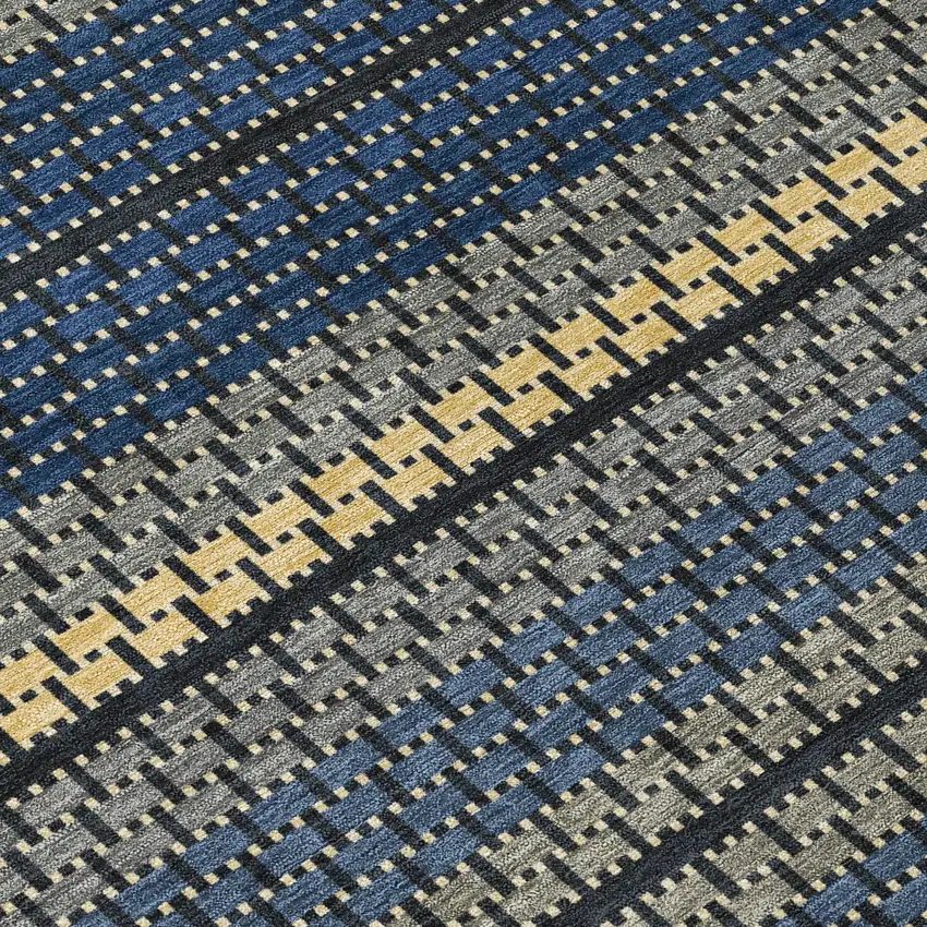 Navy Blue Gold And Black Striped Washable Indoor Outdoor Area Rug Photo 6