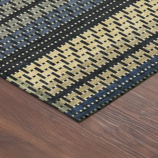 Navy Blue Gold And Black Striped Washable Indoor Outdoor Area Rug Photo 5