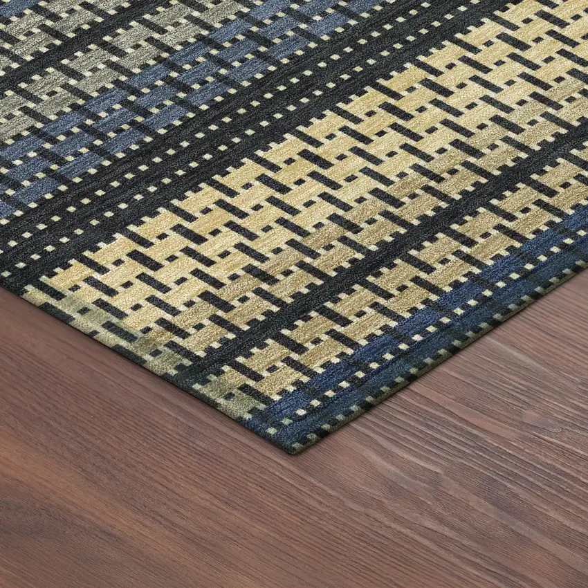 Navy Blue Gold And Black Striped Washable Indoor Outdoor Area Rug Photo 5