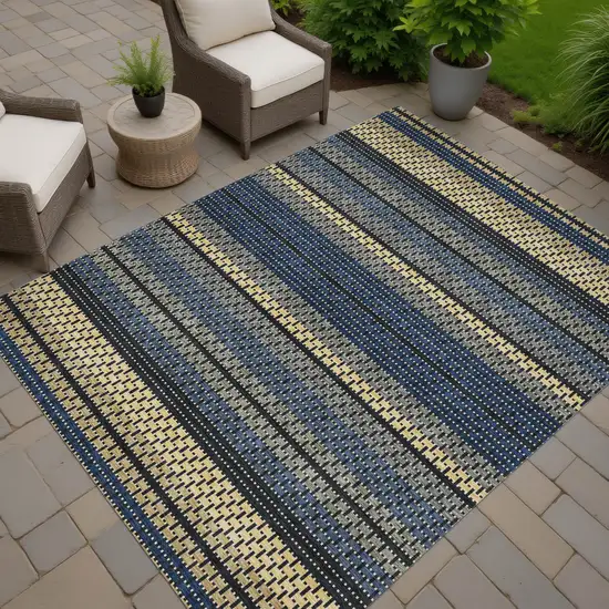 Navy Blue Gold And Black Striped Washable Indoor Outdoor Area Rug Photo 7