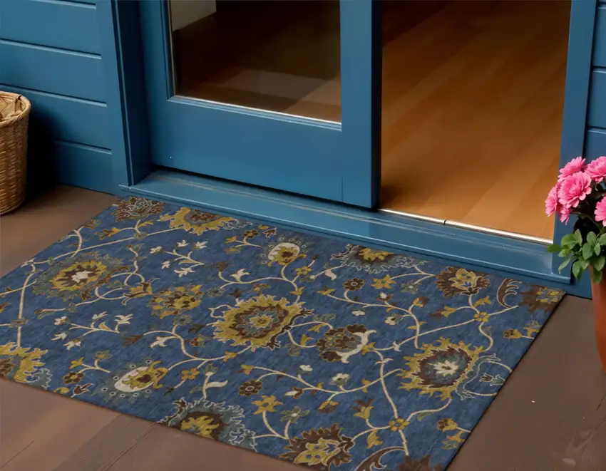 Navy Blue Gold And Brown Floral Washable Indoor Outdoor Area Rug Photo 1