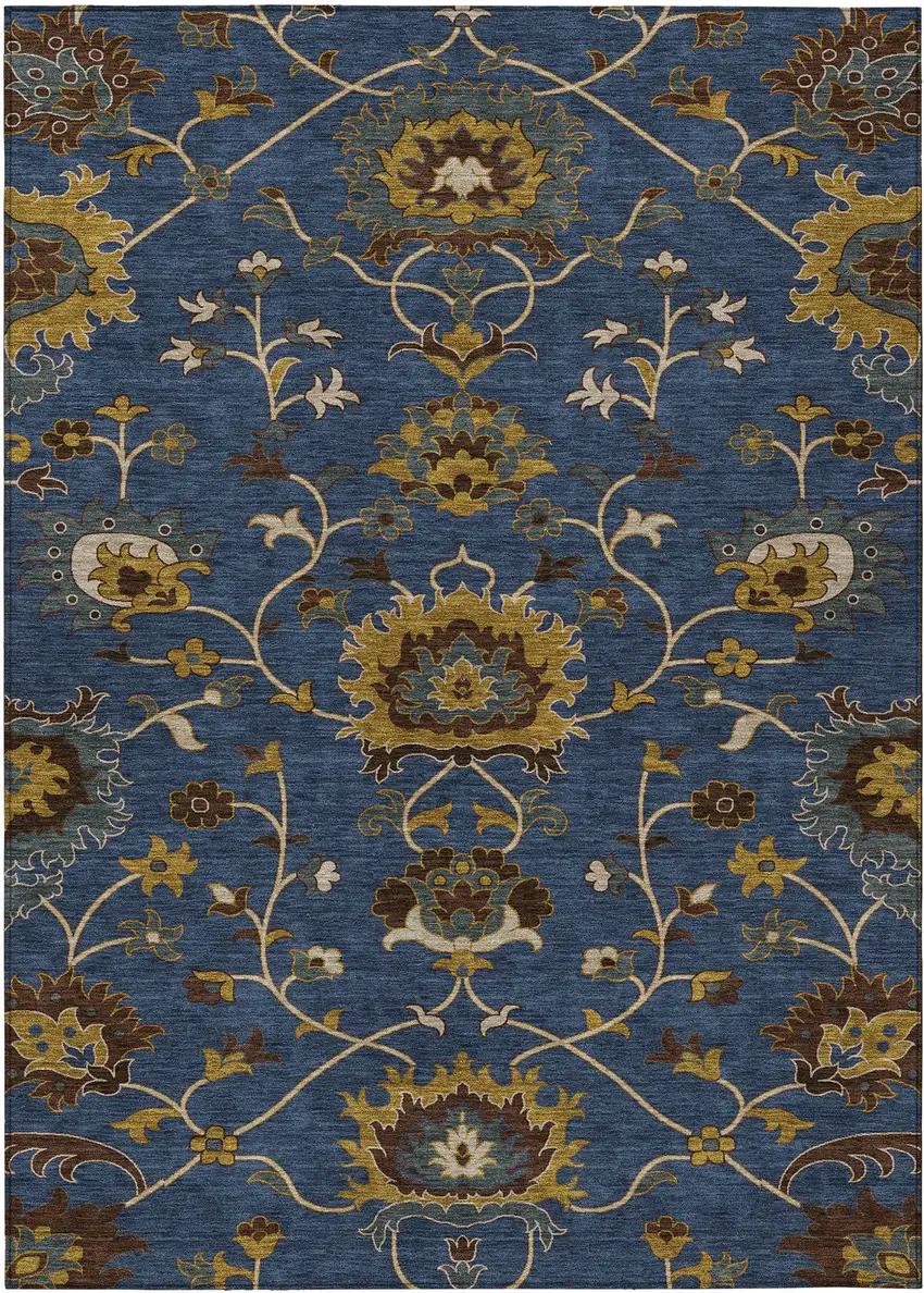Navy Blue Gold And Brown Floral Washable Indoor Outdoor Area Rug Photo 2