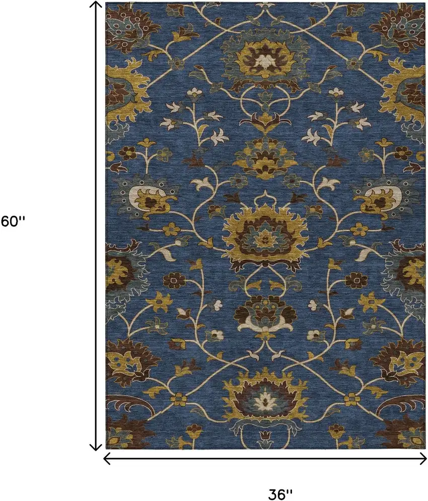 Navy Blue Gold And Brown Floral Washable Indoor Outdoor Area Rug Photo 3