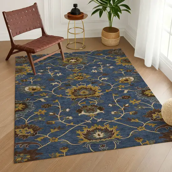 Navy Blue Gold And Brown Floral Washable Indoor Outdoor Area Rug Photo 9