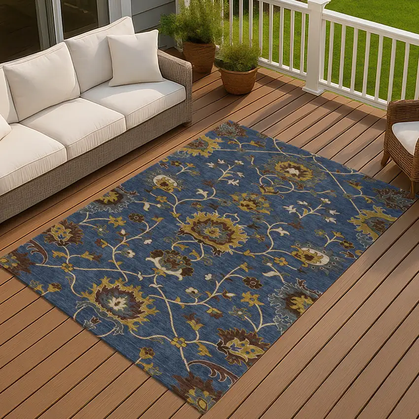 Navy Blue Gold And Brown Floral Washable Indoor Outdoor Area Rug Photo 7