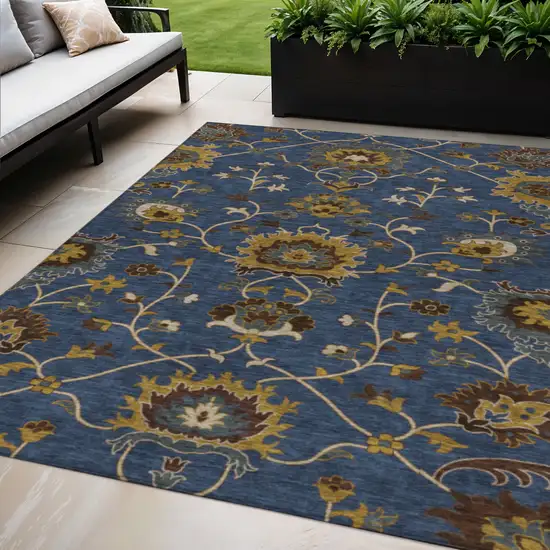 Navy Blue Gold And Brown Floral Washable Indoor Outdoor Area Rug Photo 1