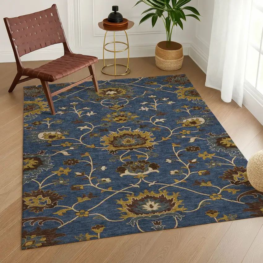 Navy Blue Gold And Brown Floral Washable Indoor Outdoor Area Rug Photo 9