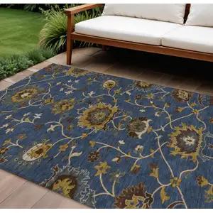 Photo of Navy Blue Gold And Brown Floral Washable Indoor Outdoor Area Rug