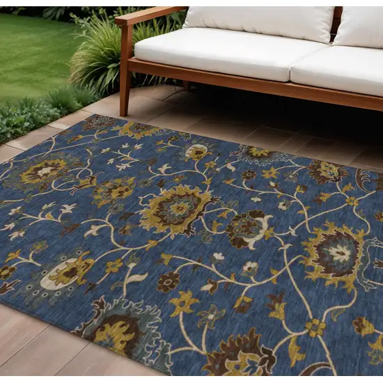 Navy Blue Gold And Brown Floral Washable Indoor Outdoor Area Rug Photo 1