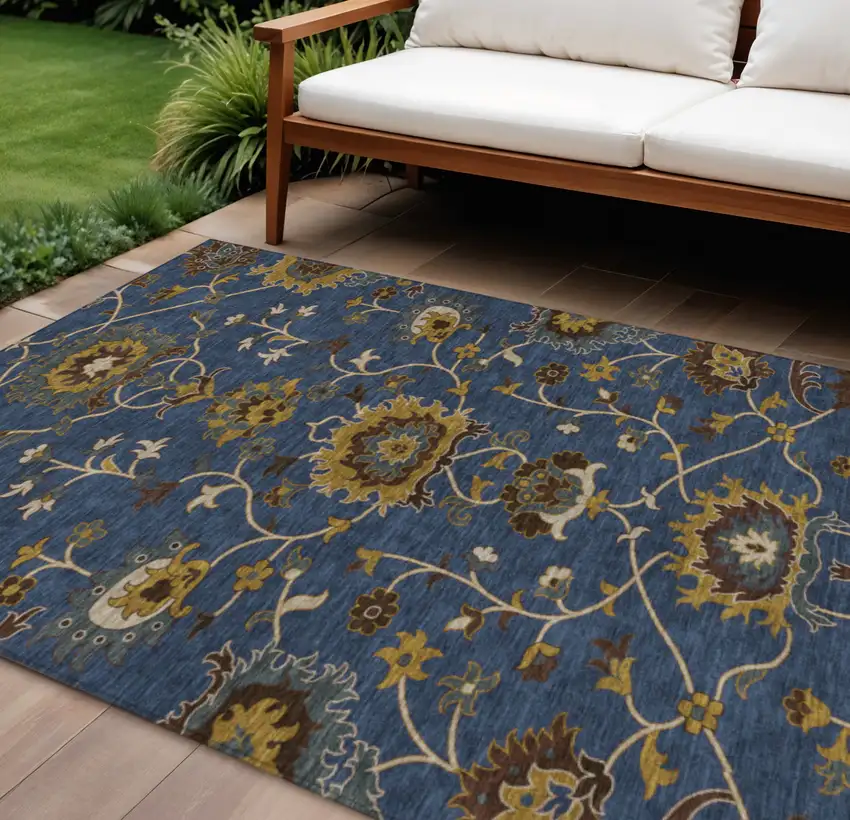 Navy Blue Gold And Brown Floral Washable Indoor Outdoor Area Rug Photo 1