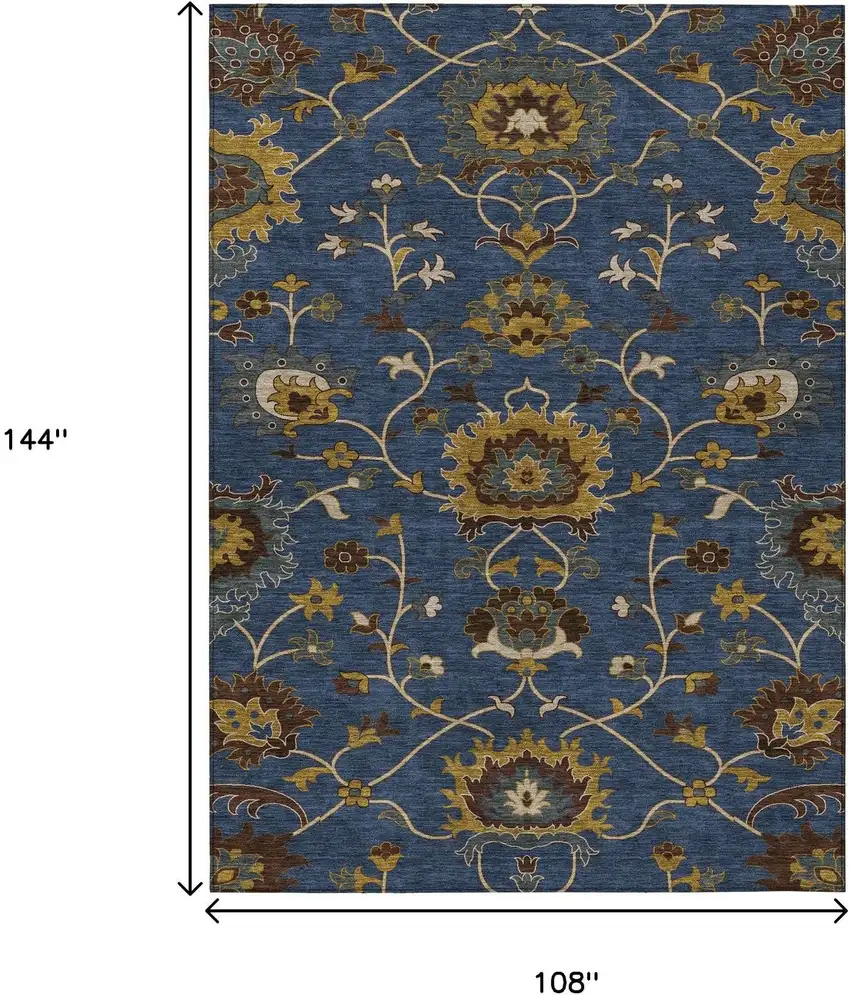 Navy Blue Gold And Brown Floral Washable Indoor Outdoor Area Rug Photo 3