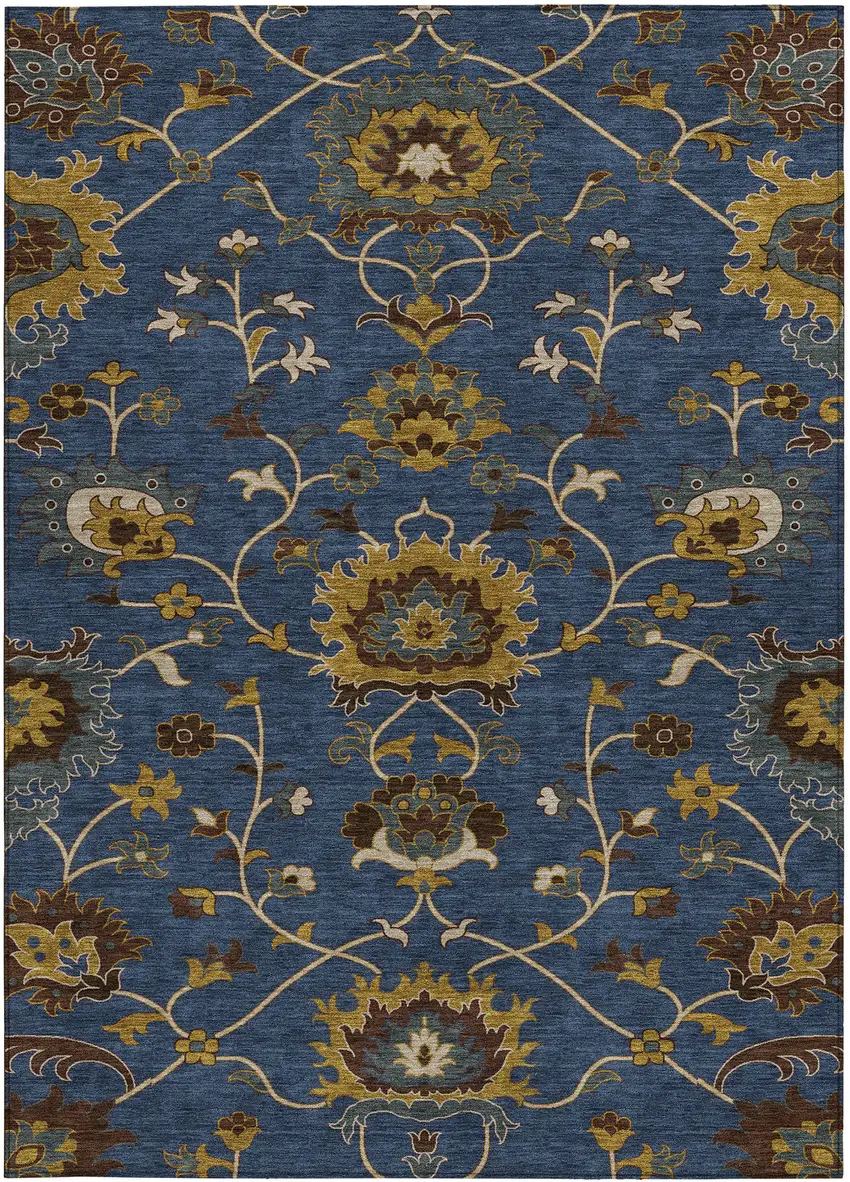 Navy Blue Gold And Brown Floral Washable Indoor Outdoor Area Rug Photo 4