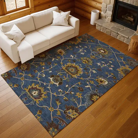 Navy Blue Gold And Brown Floral Washable Indoor Outdoor Area Rug Photo 9