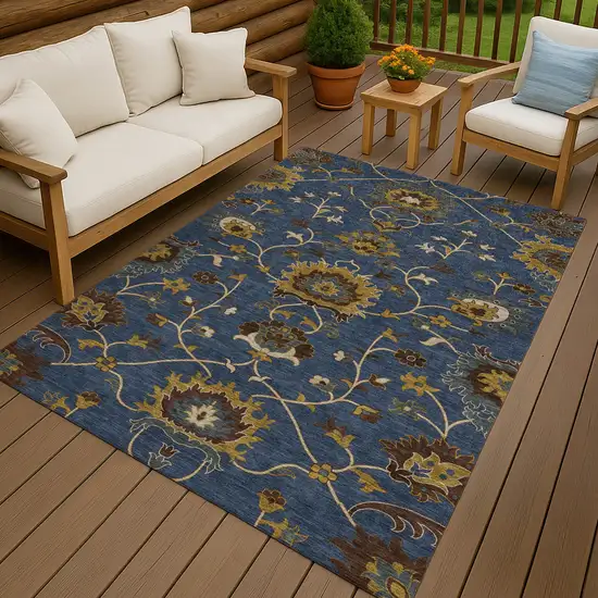 Navy Blue Gold And Brown Floral Washable Indoor Outdoor Area Rug Photo 9