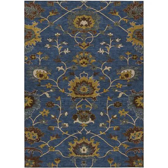 Navy Blue Gold And Brown Floral Washable Indoor Outdoor Area Rug Photo 2
