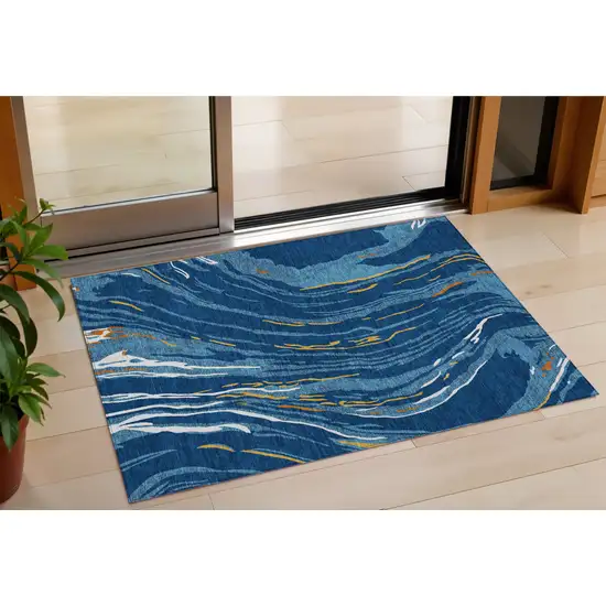 Navy Blue Gold And Copper Abstract Washable Indoor Outdoor Area Rug Photo 1