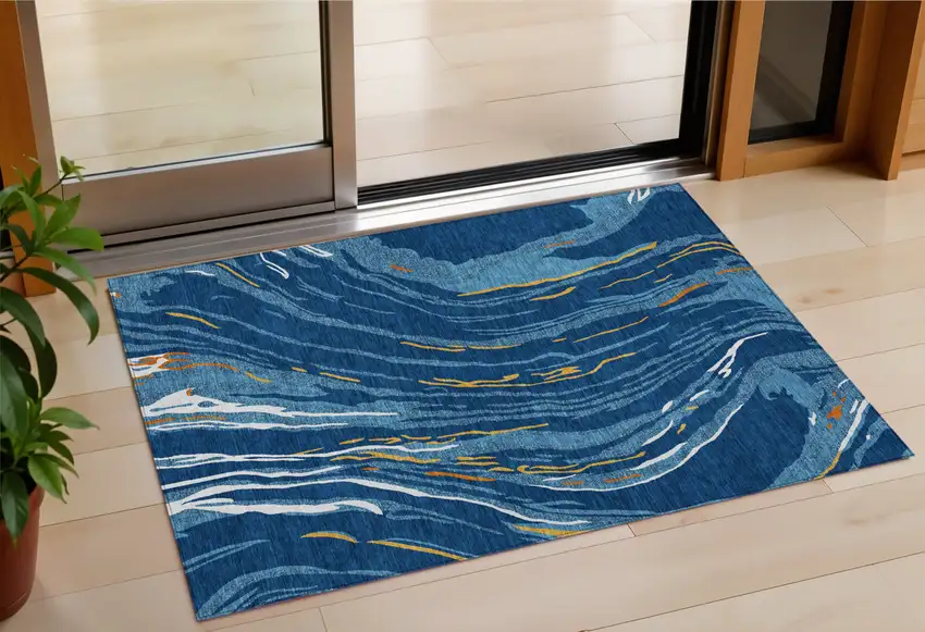 Navy Blue Gold And Copper Abstract Washable Indoor Outdoor Area Rug Photo 1