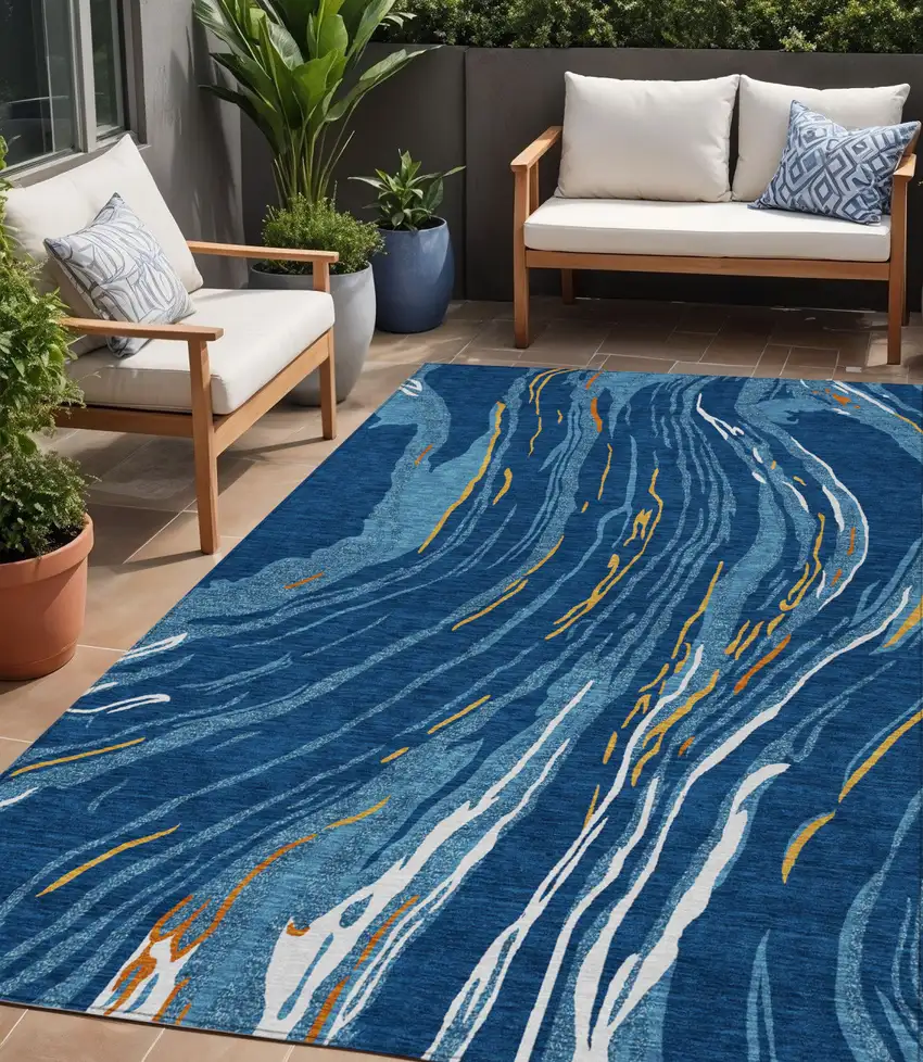Navy Blue Gold And Copper Abstract Washable Indoor Outdoor Area Rug Photo 1