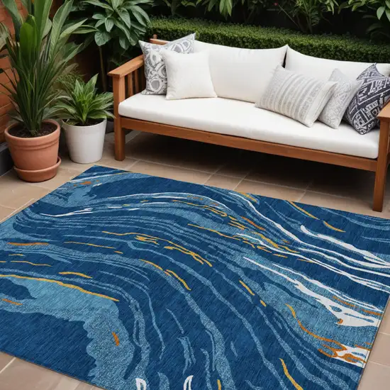 Navy Blue Gold And Copper Abstract Washable Indoor Outdoor Area Rug Photo 1