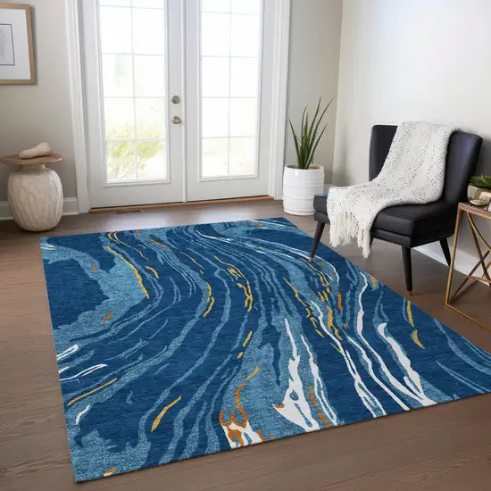 Navy Blue Gold And Copper Abstract Washable Indoor Outdoor Area Rug Photo 9