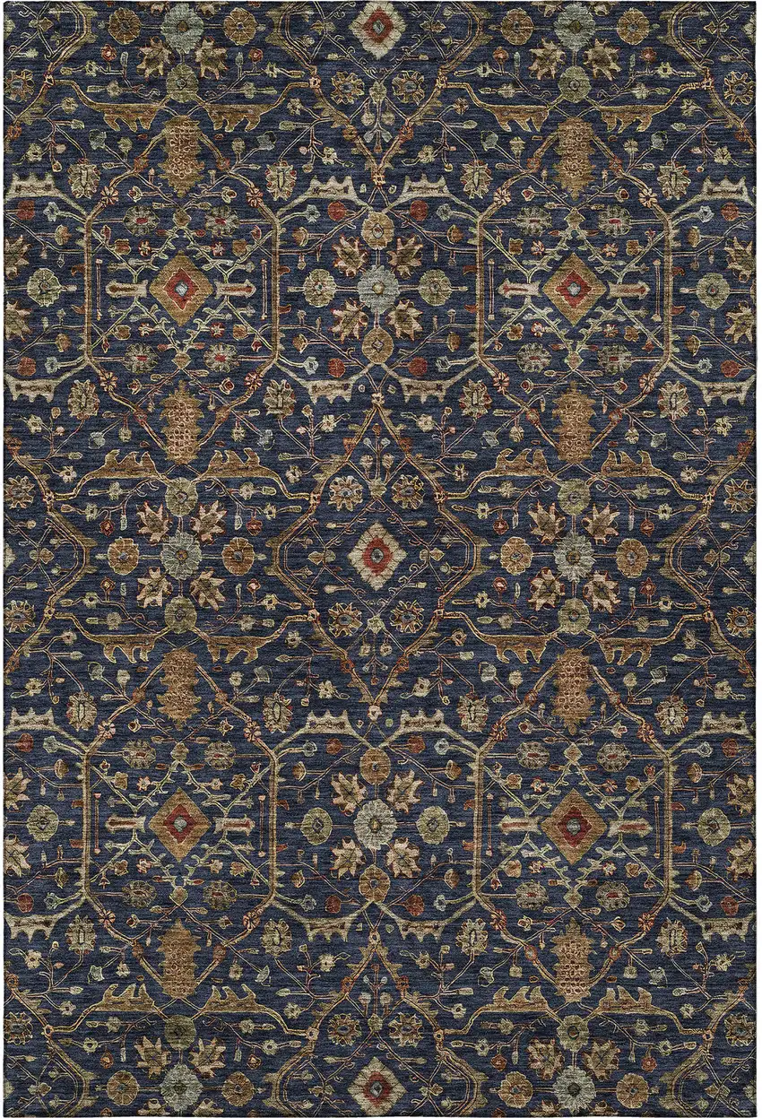 Navy Blue Gold And Copper Oriental Washable Area Rug With UV Protection Photo 3