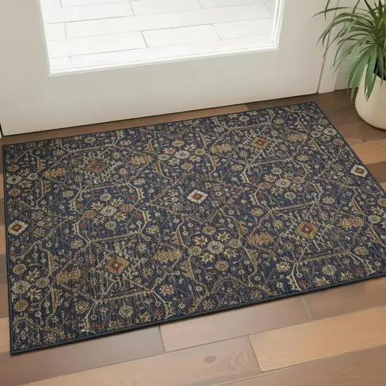 Navy Blue Gold And Copper Oriental Washable Area Rug With UV Protection Photo 2