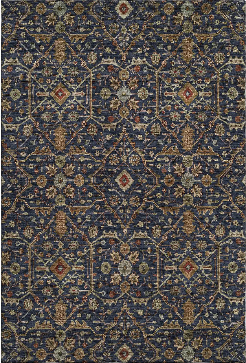 Navy Blue Gold And Copper Oriental Washable Area Rug With UV Protection Photo 1