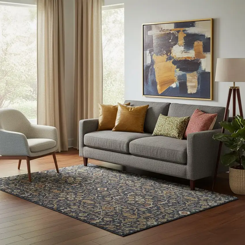 Navy Blue Gold And Copper Oriental Washable Area Rug With UV Protection Photo 2