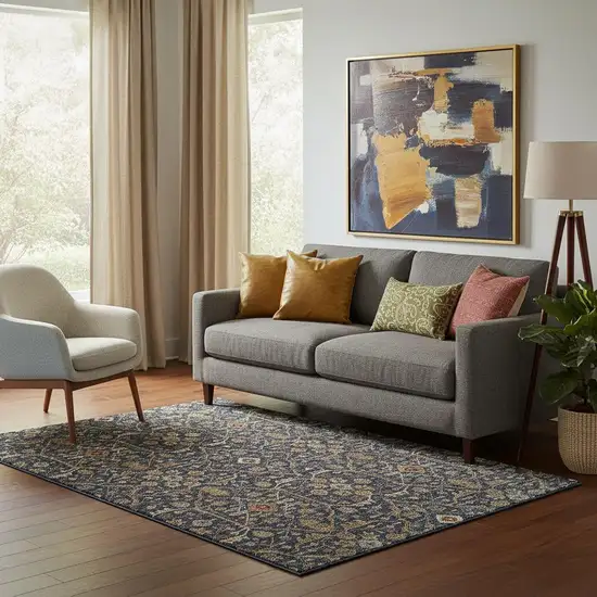 Navy Blue Gold And Copper Oriental Washable Area Rug With UV Protection Photo 2