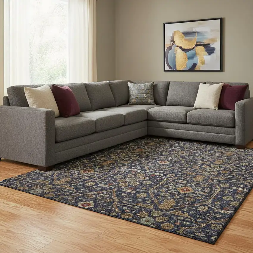 Navy Blue Gold And Copper Oriental Washable Area Rug With UV Protection Photo 2