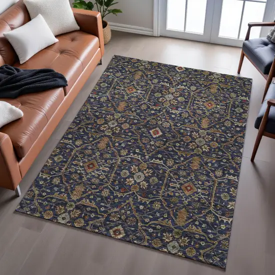 Navy Blue Gold And Copper Oriental Washable Area Rug With UV Protection Photo 5