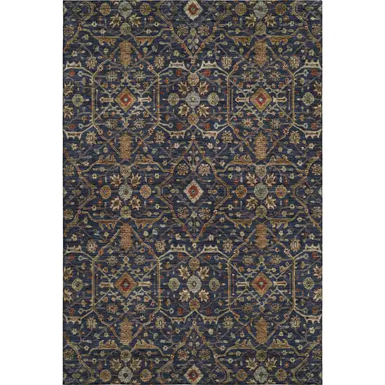 Navy Blue Gold And Copper Oriental Washable Area Rug With UV Protection Photo 1