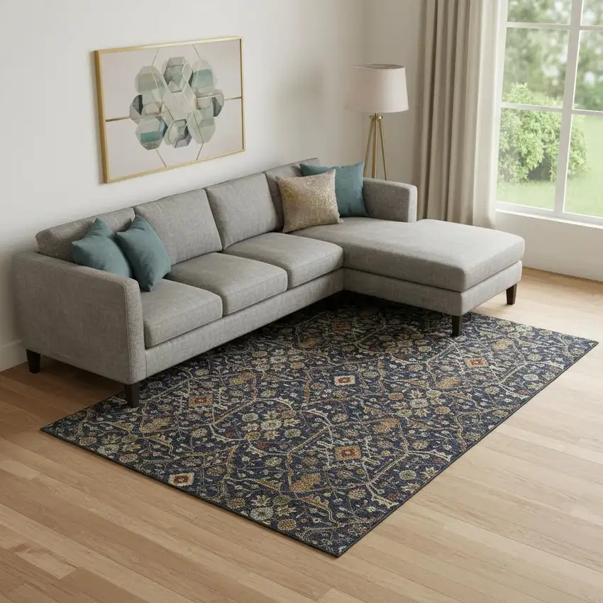 Navy Blue Gold And Copper Oriental Washable Area Rug With UV Protection Photo 2